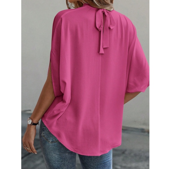 Pink Casual Top, Blouse Stand Collar Tie Back Half Sleeve - Picture 3 of 6